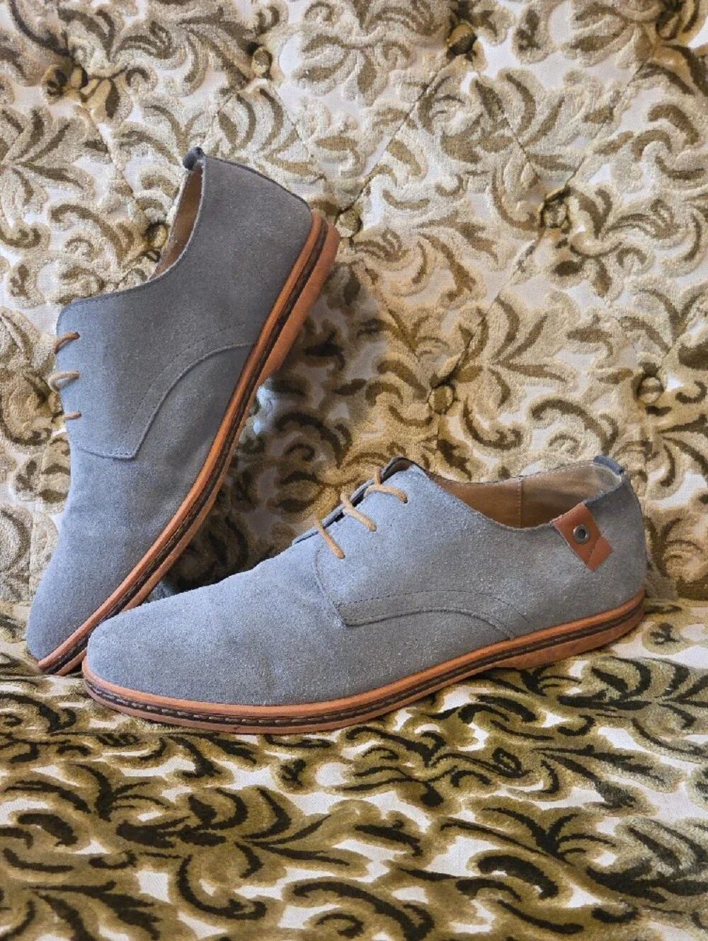 Hand-Stitched Suade Derby Shoes, Light Gray/Blue